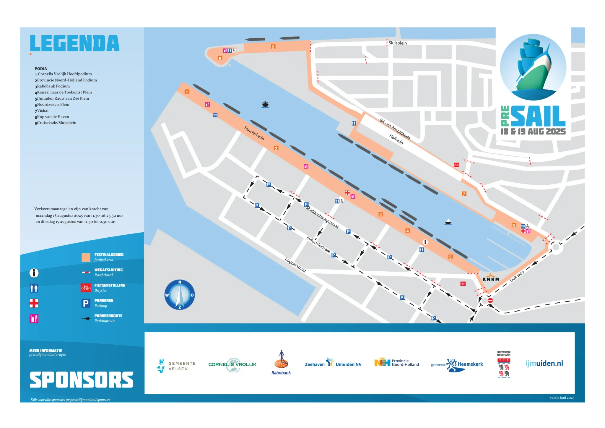 De plattegrond van het havengebied in IJmuiden. Op deze afbeelding ziet u de informatie van activiteiten en podia's die tot nu toe bekend zijn. Dit plattegrond wordt doorlopend vernieuwd zodra er nieuwe informatie bekend is.